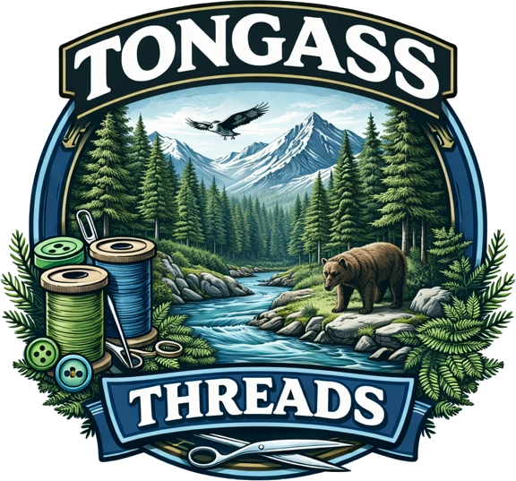 Mountain river scene with sewing tools