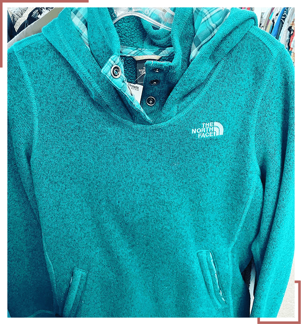 Teal hoodie with plaid-lined hood