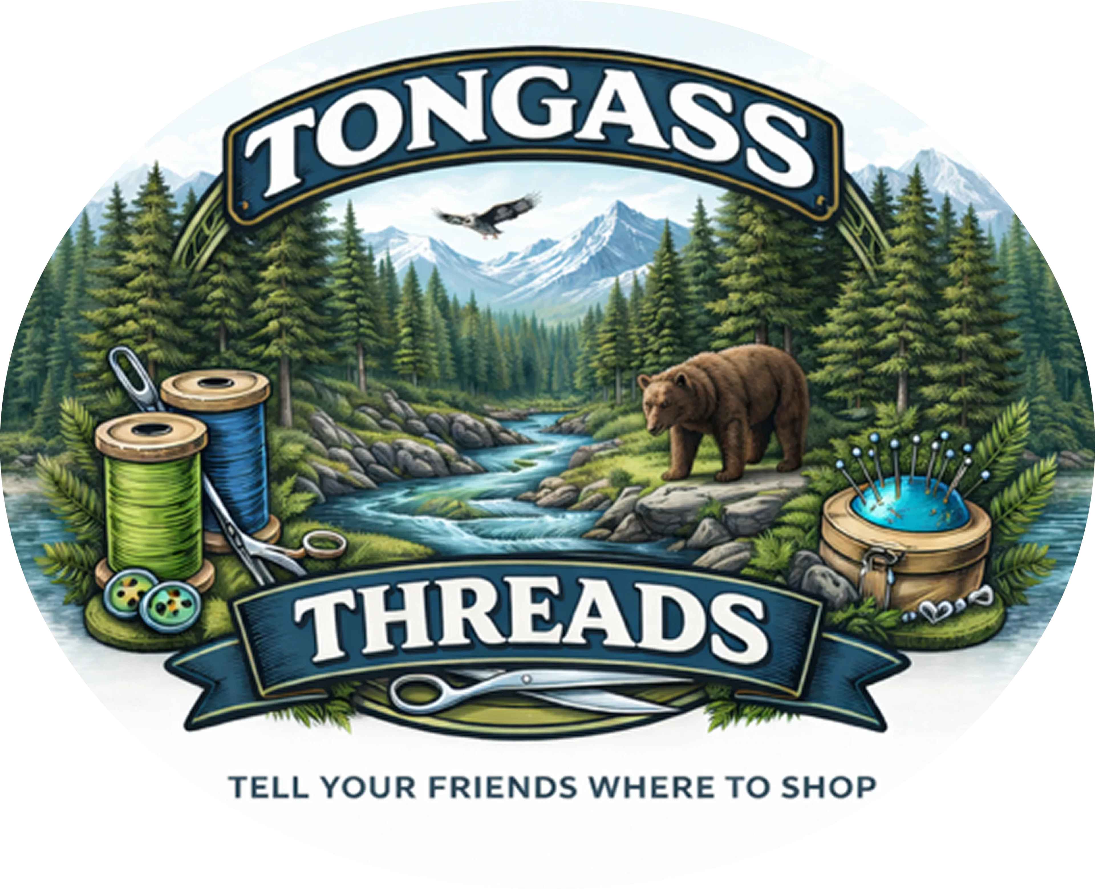 Tongass Threads logo with forest scene